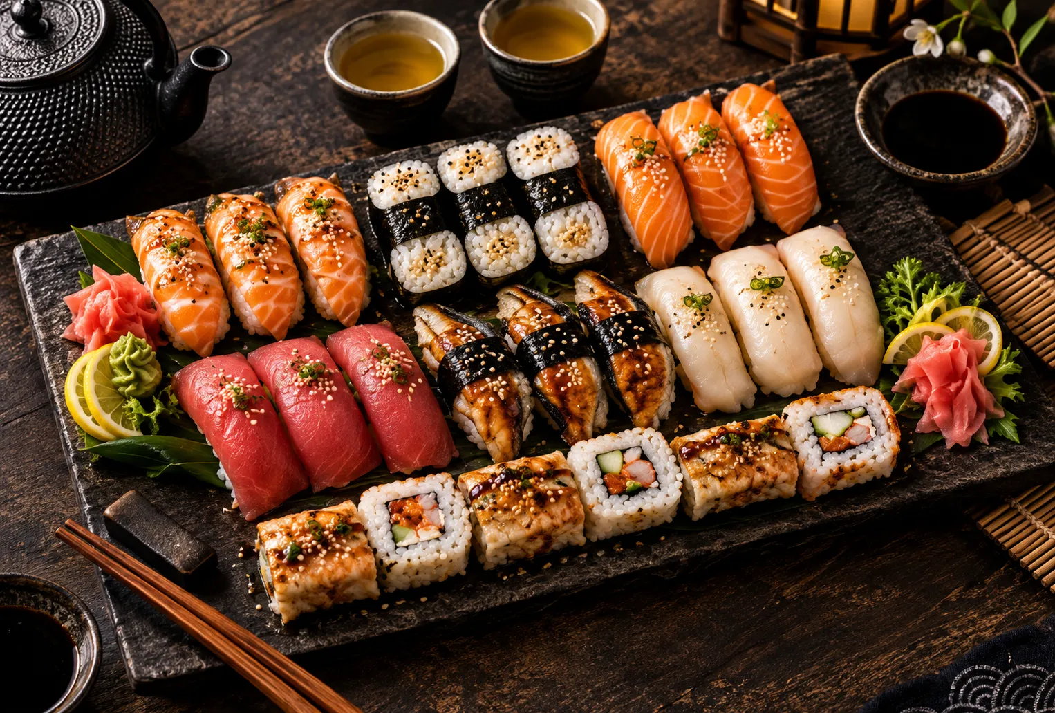 Table of freshly plated sushi rolls, salmon sashimi, kimchi udon soup, Korean BBQ short ribs and bulgogi at Kimchi Sushi, a Japanese and Korean restaurant at 998 Keewatin Street, Winnipeg, MB