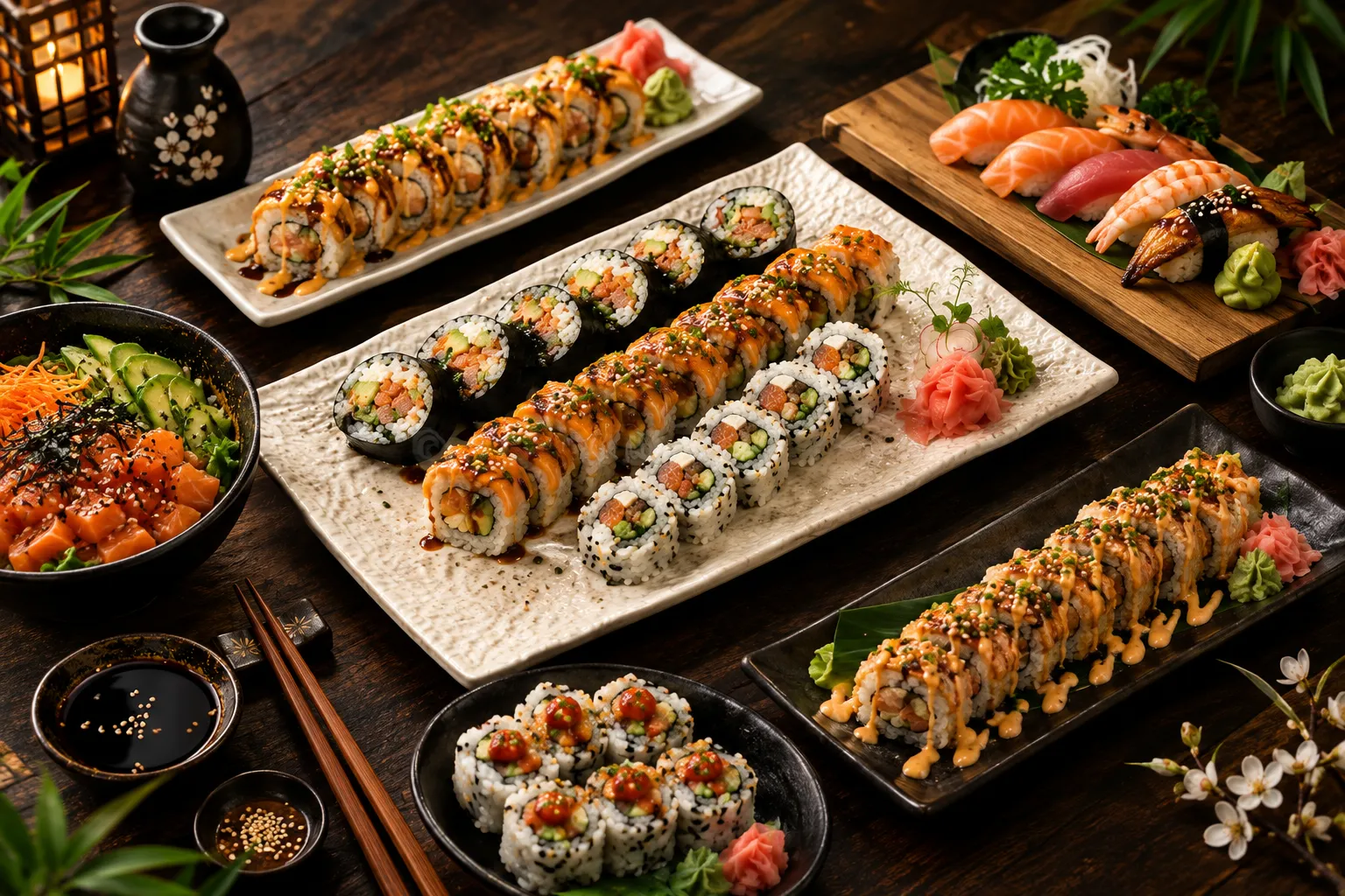 Spread of sushi rolls, nigiri, sashimi and poke bowls served at Kimchi Sushi, a Japanese and Korean restaurant in northwest Winnipeg