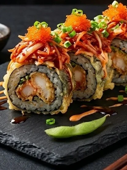 Kimchi King Roll with sauteed kimchi, beef and spicy sauce - signature sushi roll at Kimchi Sushi, Keewatin Street, Winnipeg