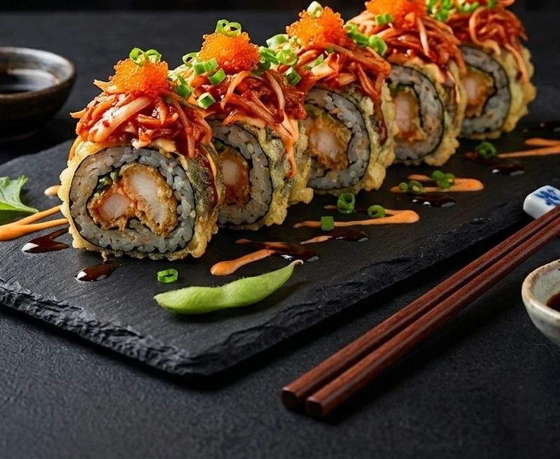 Kimchi King Roll sushi with sautéed kimchi and beef at Kimchi Sushi, Keewatin Street, Winnipeg