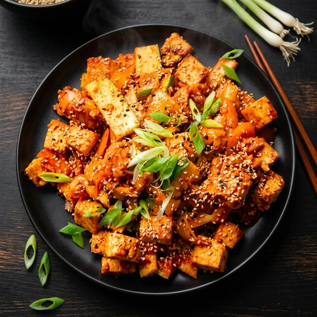 Kimchi tofu with stir-fried kimchi, vegetables and pork at Kimchi Sushi, Keewatin Street, Winnipeg