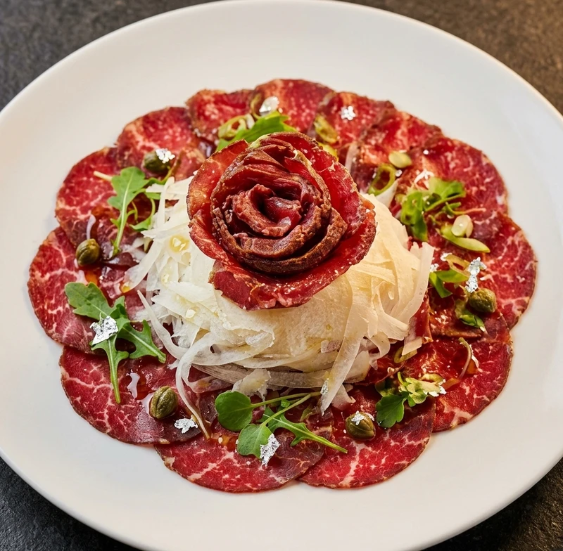 Seared beef tataki rose plated with shaved onion, capers and greens at Kimchi Sushi, Winnipeg