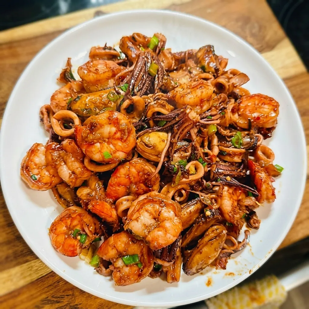 Spicy stir-fried seafood with shrimp, squid and mussels at Kimchi Sushi, Winnipeg