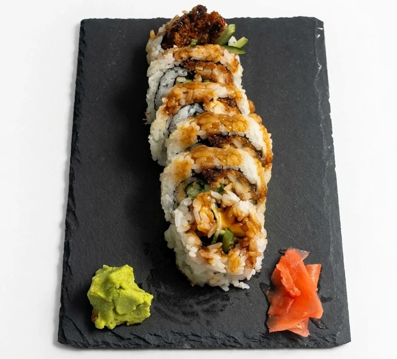 Teriyaki-glazed sushi roll with eel sauce and sesame at Kimchi Sushi on Keewatin Street, Winnipeg
